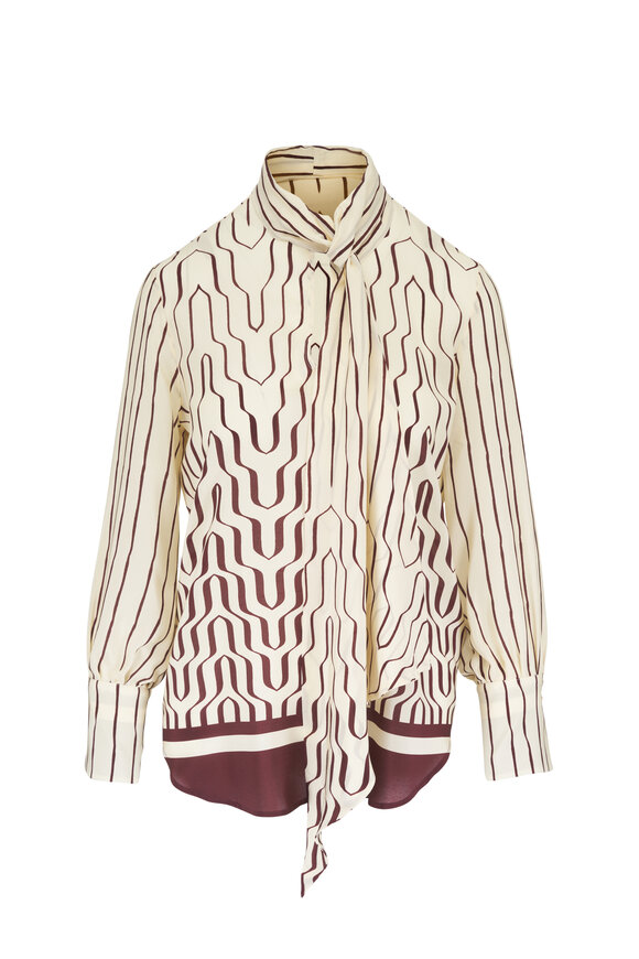 Le Sarte Pettegole Cream & Burgundy Geometric Print Silk Blouse - view 1