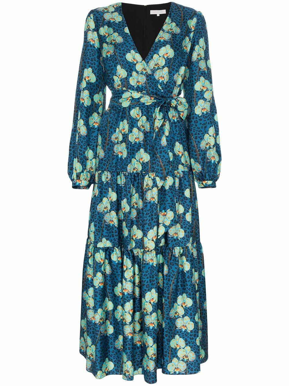 Borgo De Nor - Turquoise Silk Leopard Floral Print Maxi Dress
