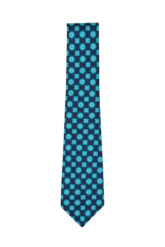 Kiton - Navy Blue & Teal Medallion Silk Necktie 