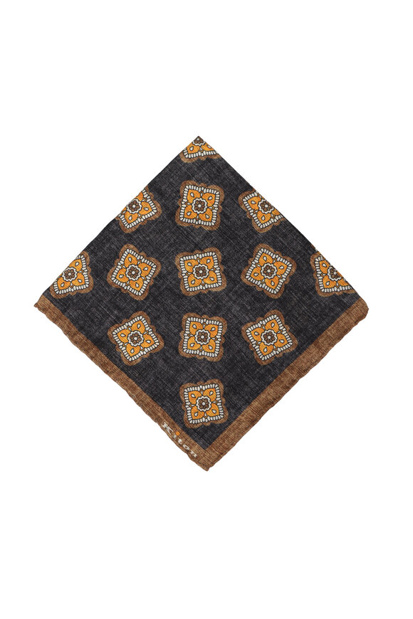Kiton Charcoal & Yellow Geometric Print Pocket Square