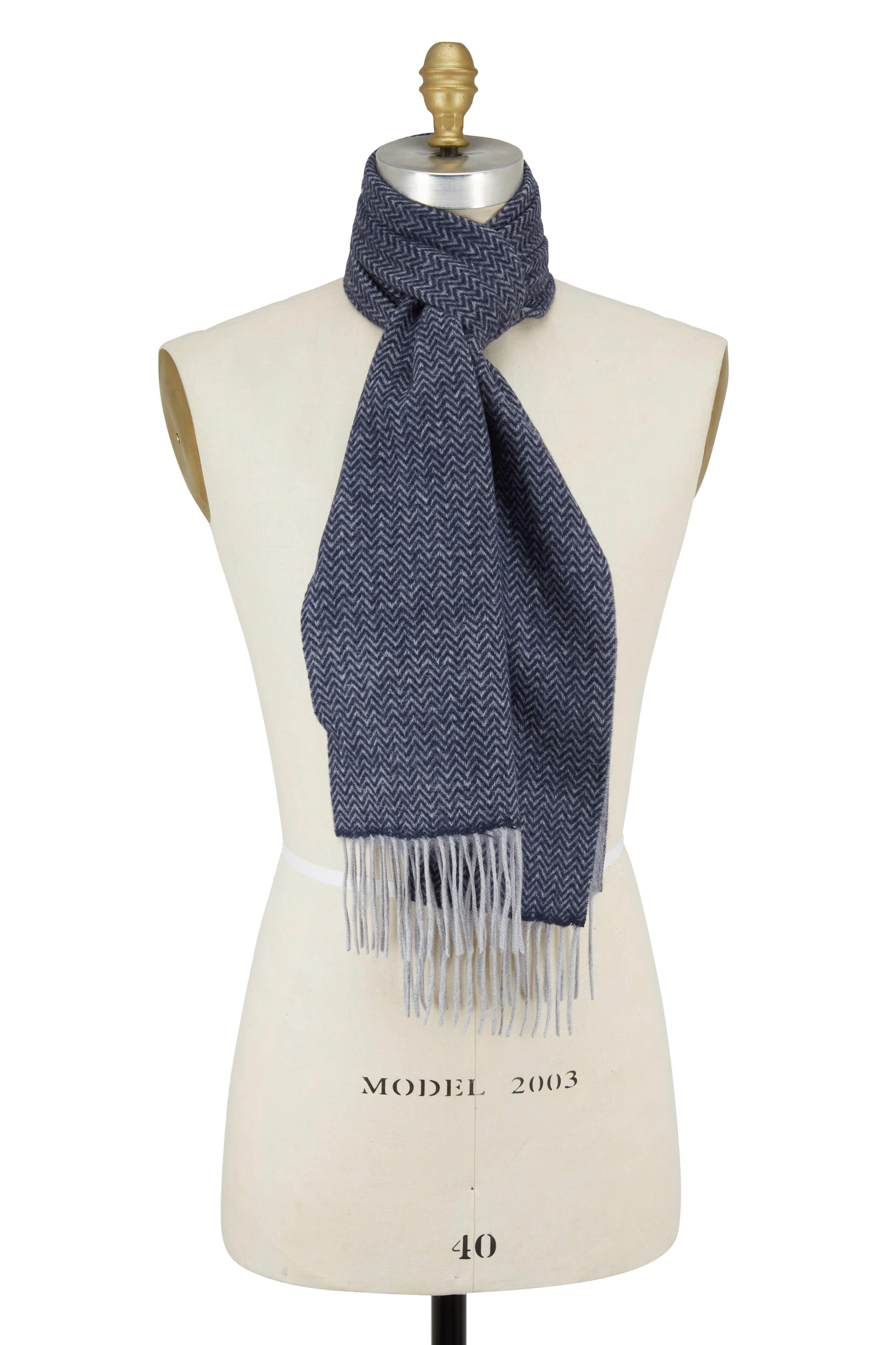 Kinross Dark Navy Herringbone DoubleFaced Cashmere Scarf