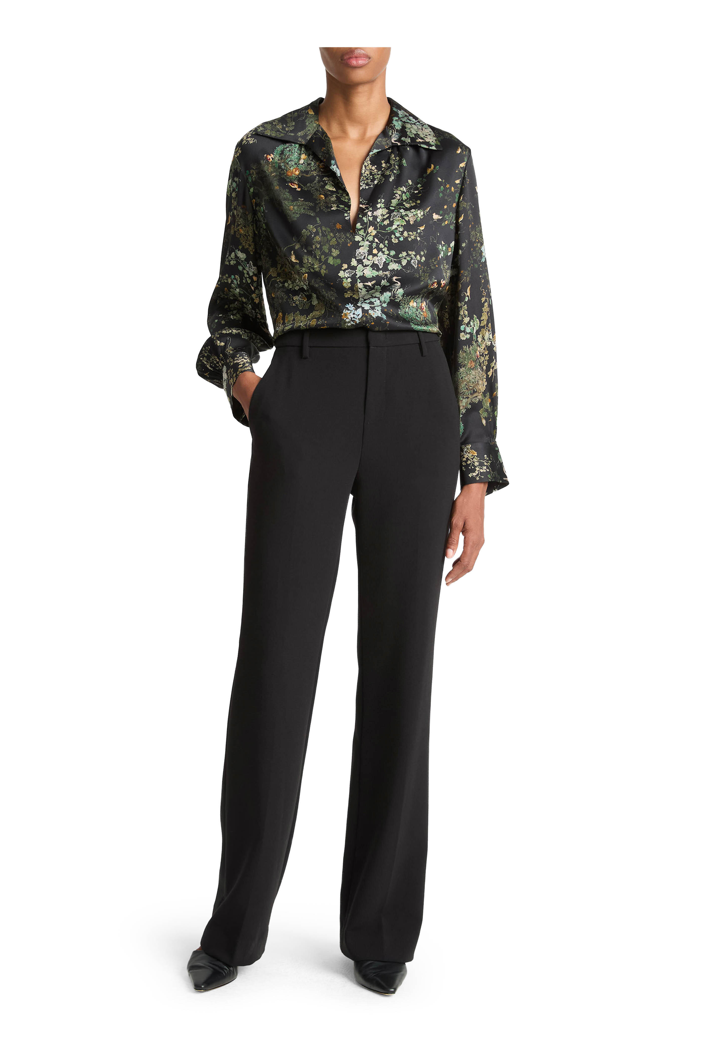 Vince - Black Sky Grape Vine Print Smocked Silk Blouse