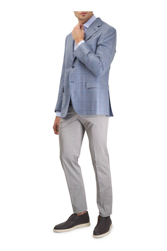 Kiton Light Blue Gingham Cotton Sport Shirt - view 2