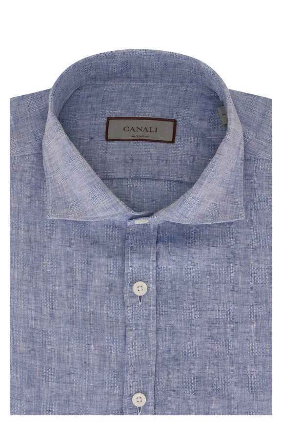 Canali - Light Blue Gingham Linen Sport Shirt