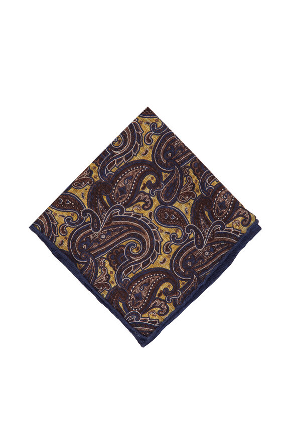 Kiton Yellow & Navy Paisley Silk Pocket Square - view 2