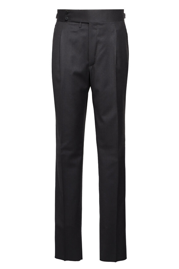 Isaia Black Single Pleated Wool Dress Pant