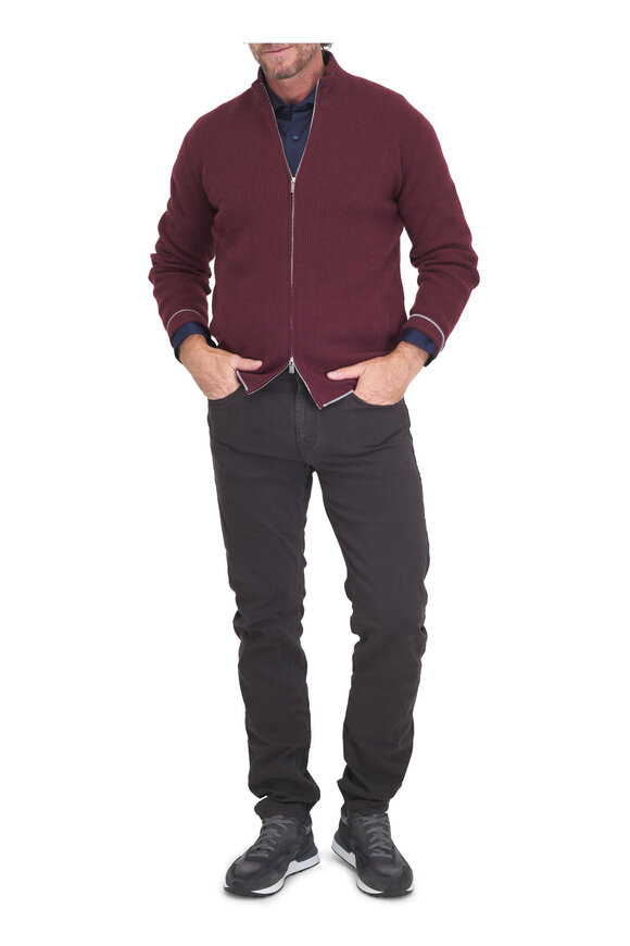 Fedeli Burgundy Cashmere Ribbed Full Zip Sweater - view 2