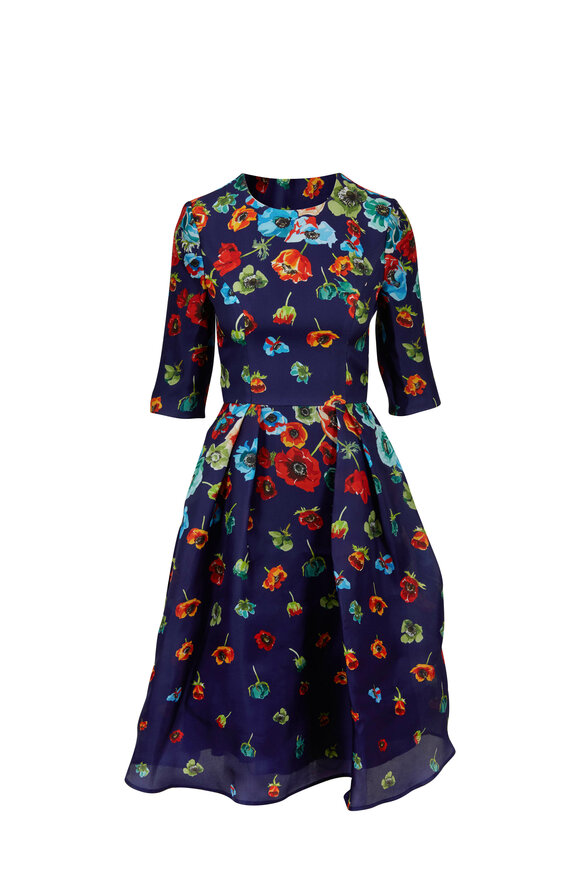 Carolina Herrera - Blue Floral Print Elbow Sleeve Dress