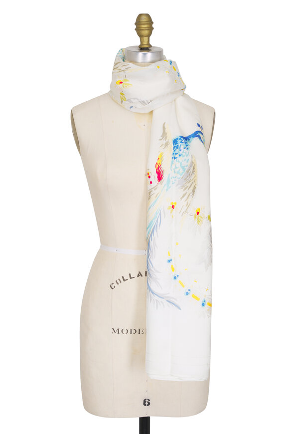 Rani Arabella Peacock Printed Silk Jacquard Scarf - view 1