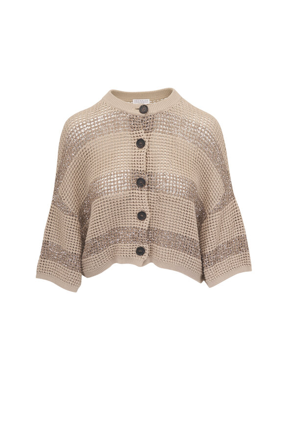 Brunello Cucinelli Sand Stripe Cotton Net Cropped Cardigan