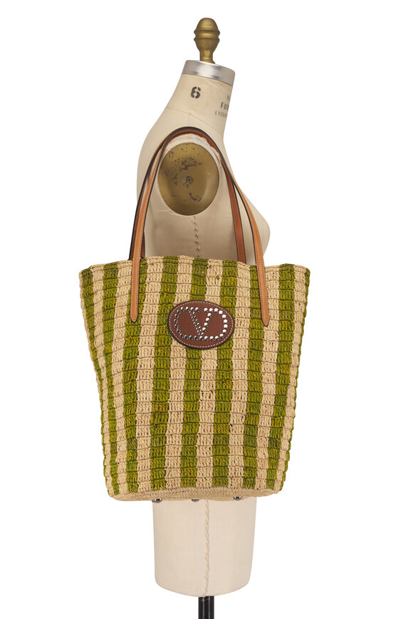 Valentino Garavani VLogo Green & Natural Stripe Raffia Tote - view 7