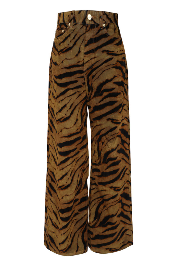 Ganni Khaki Zebra Print Baggy Jean