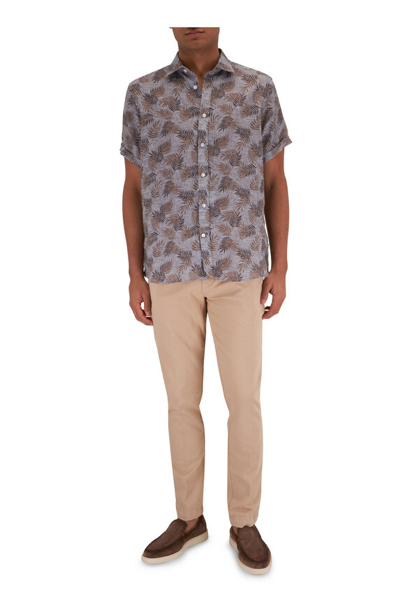 Patrick Assaraf - Brown Oak Print Linen Short Sleeve Sport Shirt