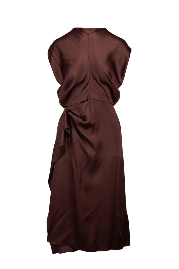 Lanvin Brown Satin Draped Midi Dress - view 1