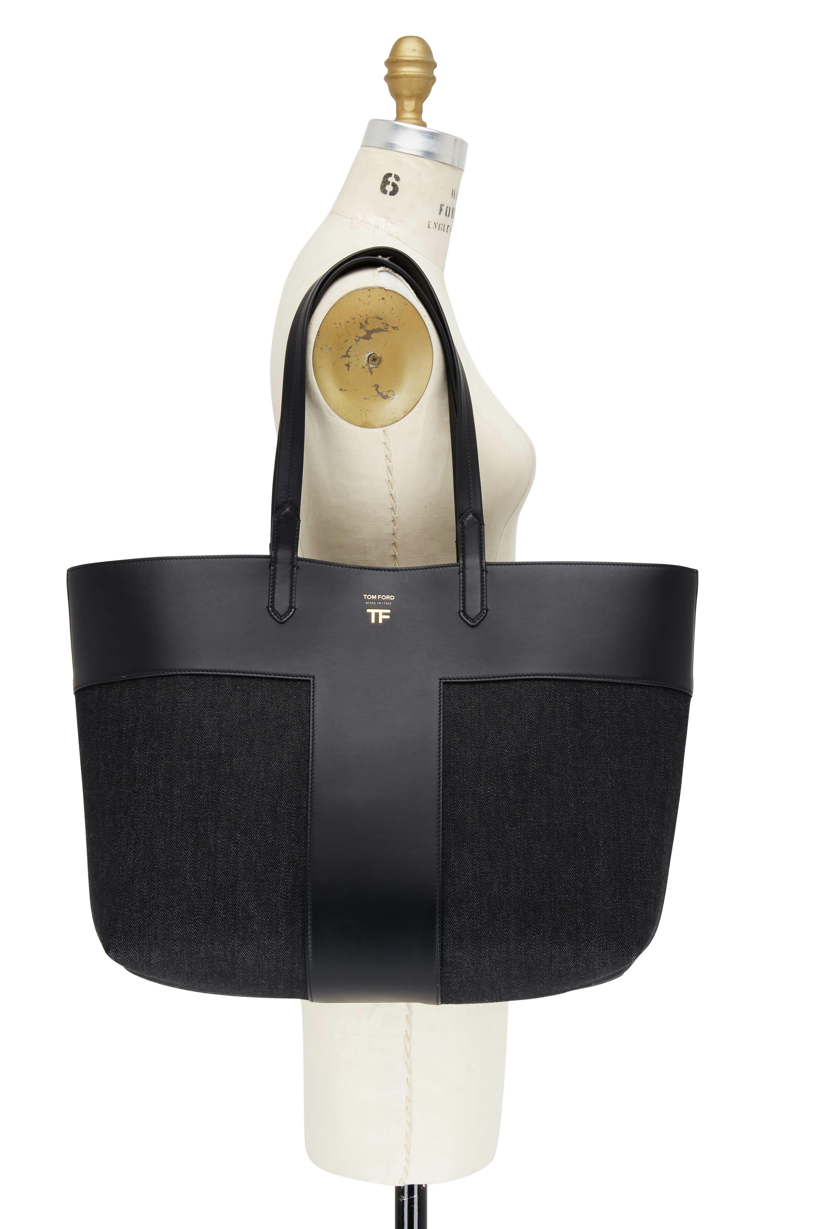 Tom Ford - Black Luxe Leather & Denim Large Tote Tom Ford - Black Luxe Leather & Denim Large Tote