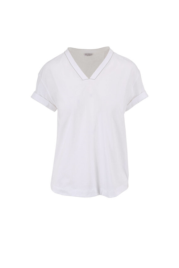 Brunello Cucinelli - White Monili Trim V-Neck T-Shirt