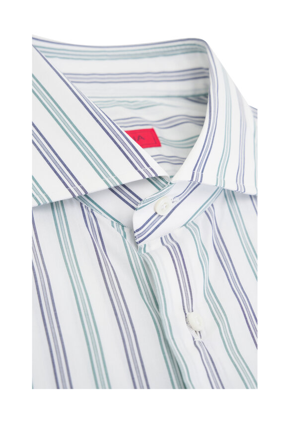 Isaia - White & Green Cotton Stripe Dress Shirt 