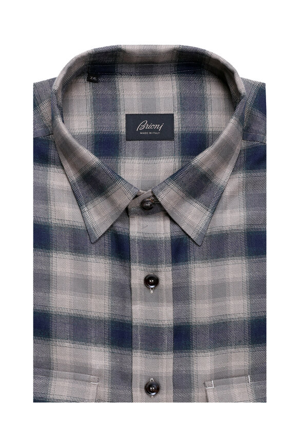 Brioni Brown & Blue Cotton Flannel Sport Shirt