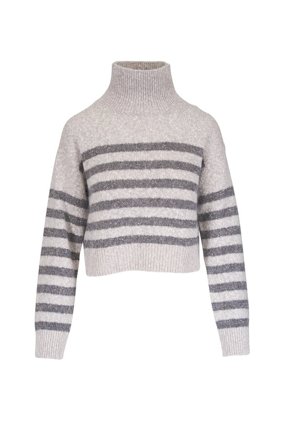 Brunello Cucinelli Pearl Gray Stripe Embellished Turtleneck Sweater - view 1