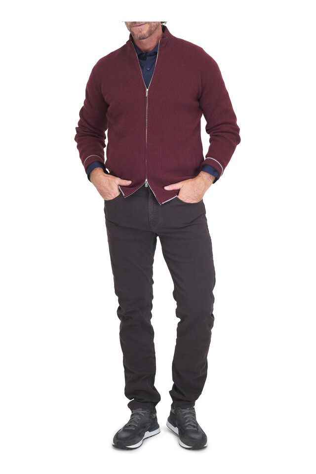 Designer outfit featuring Burgundy Cashmere Ribbed Full Zip Sweater, L'Homme Deep Brown Slim Jean and 2 other pieces