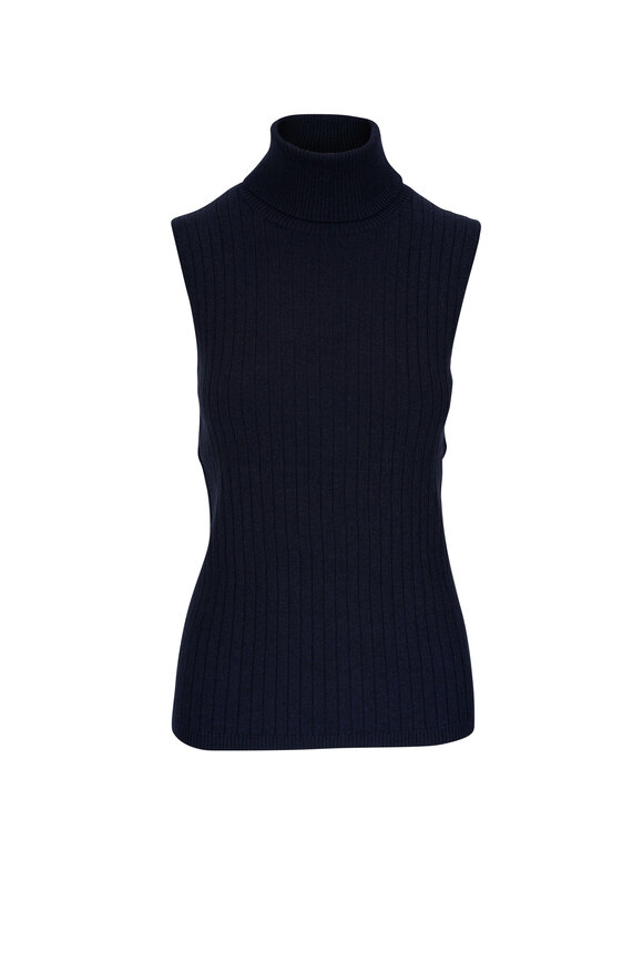 Majestic - Navy Blue Lurex Metallic Sleeveless Turtleneck 