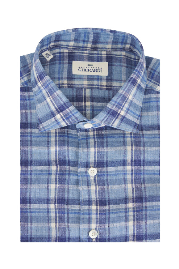 Alessandro Gherardi Blue Plaid Linen Dress Shirt