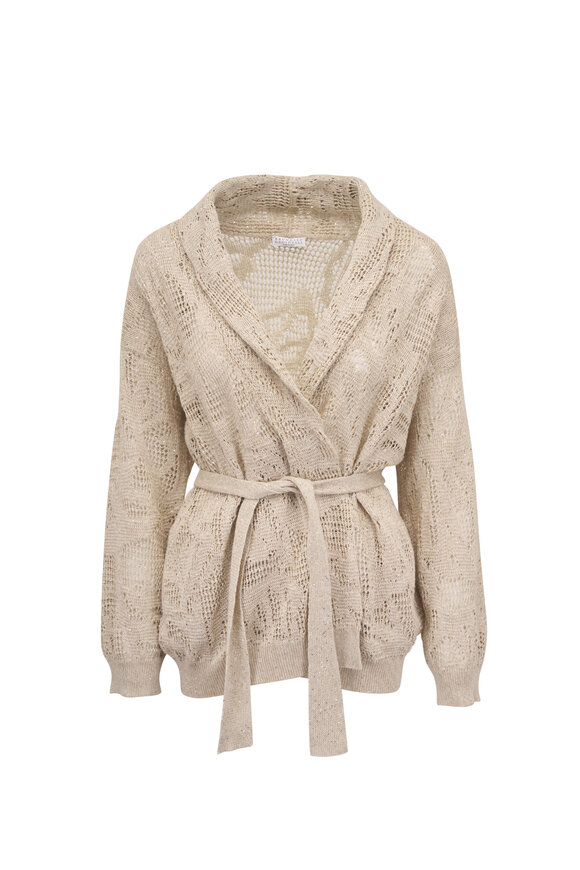 Brunello Cucinelli Beige Water Lily Knit Belted Cardigan