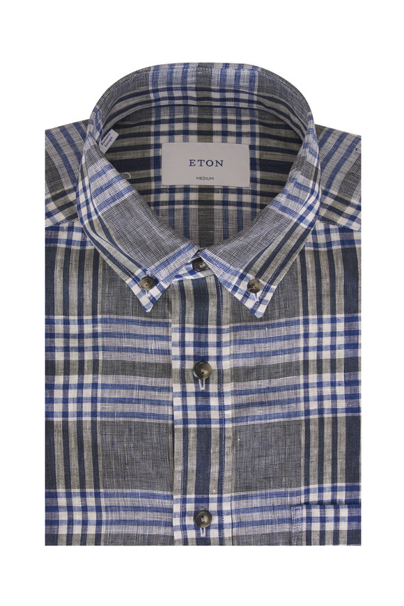 Eton Blue & Gray Plaid Linen Dress Shirt - view 1
