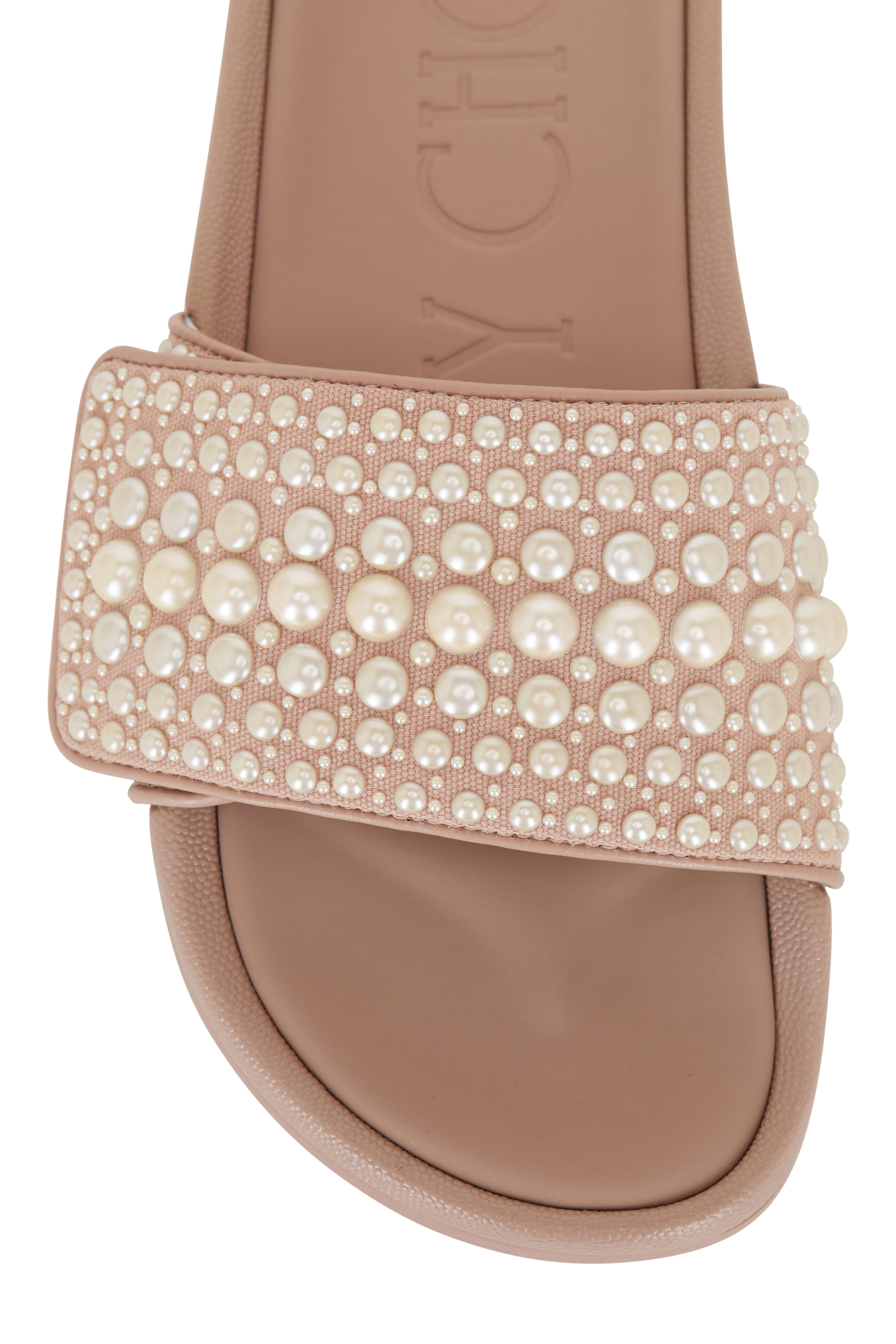 JIMMY CHOO Fitz/F パール付き キャンバスレザー プールスライド White Canvas and Leather Slides with Pearls | FITZ/F | High