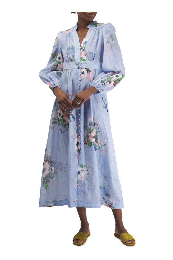 Zimmermann - Everley Light Blue Watercolor Floral Midi Dress