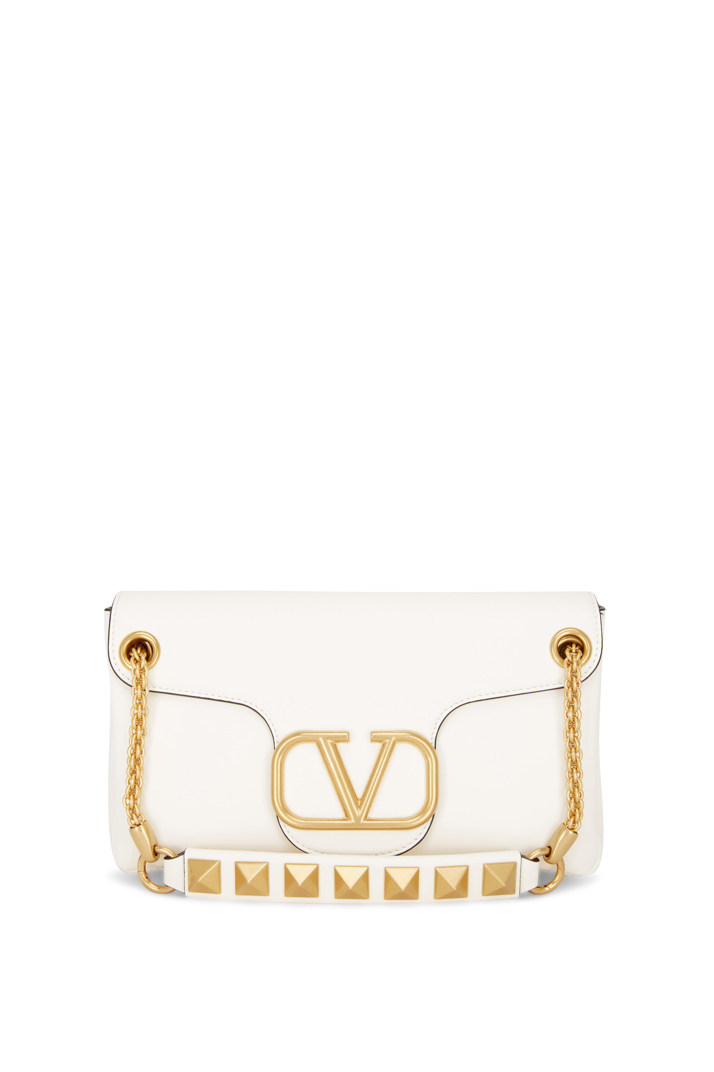 Valentino Garavani Women's Ivory Leather Brass Vlogo Stud Shoulder Bag | by Mitchell Stores