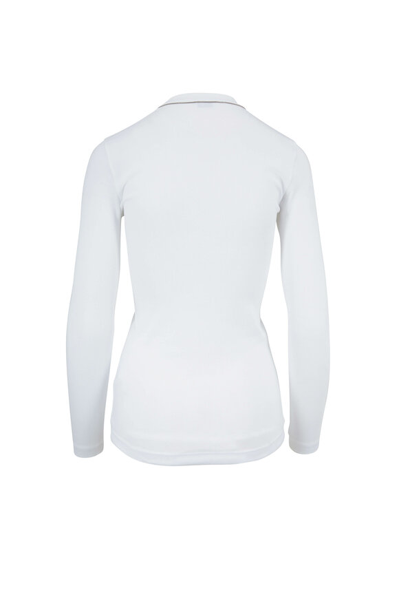 Brunello Cucinelli - White Monili Trim V-Neck Long Sleeve T-Shirt