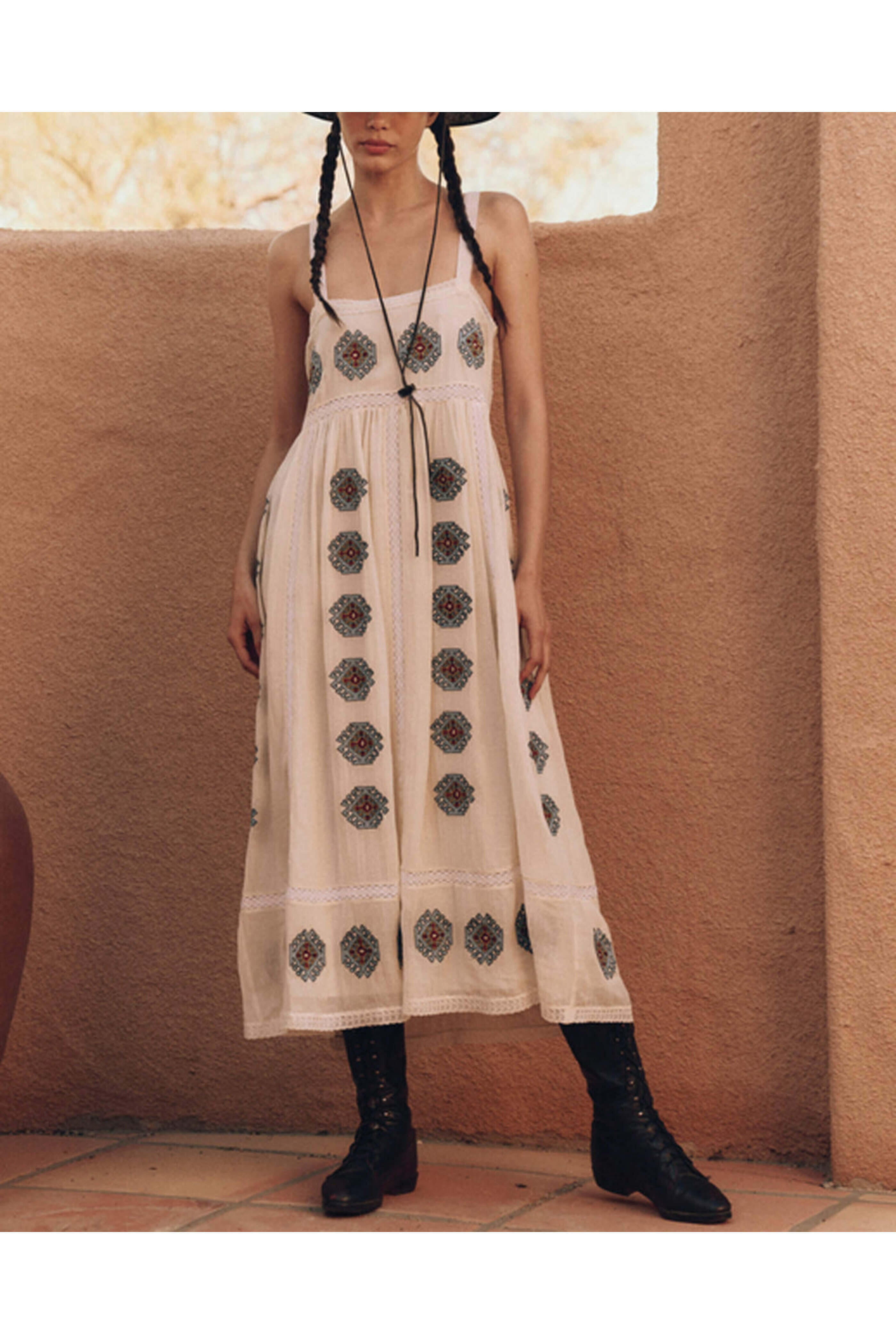 The Great - Cream Folklore Embellished Roam Dress