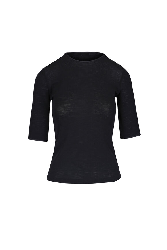 Vince Black Satin Trim Wool Elbow Sleeve T-Shirt