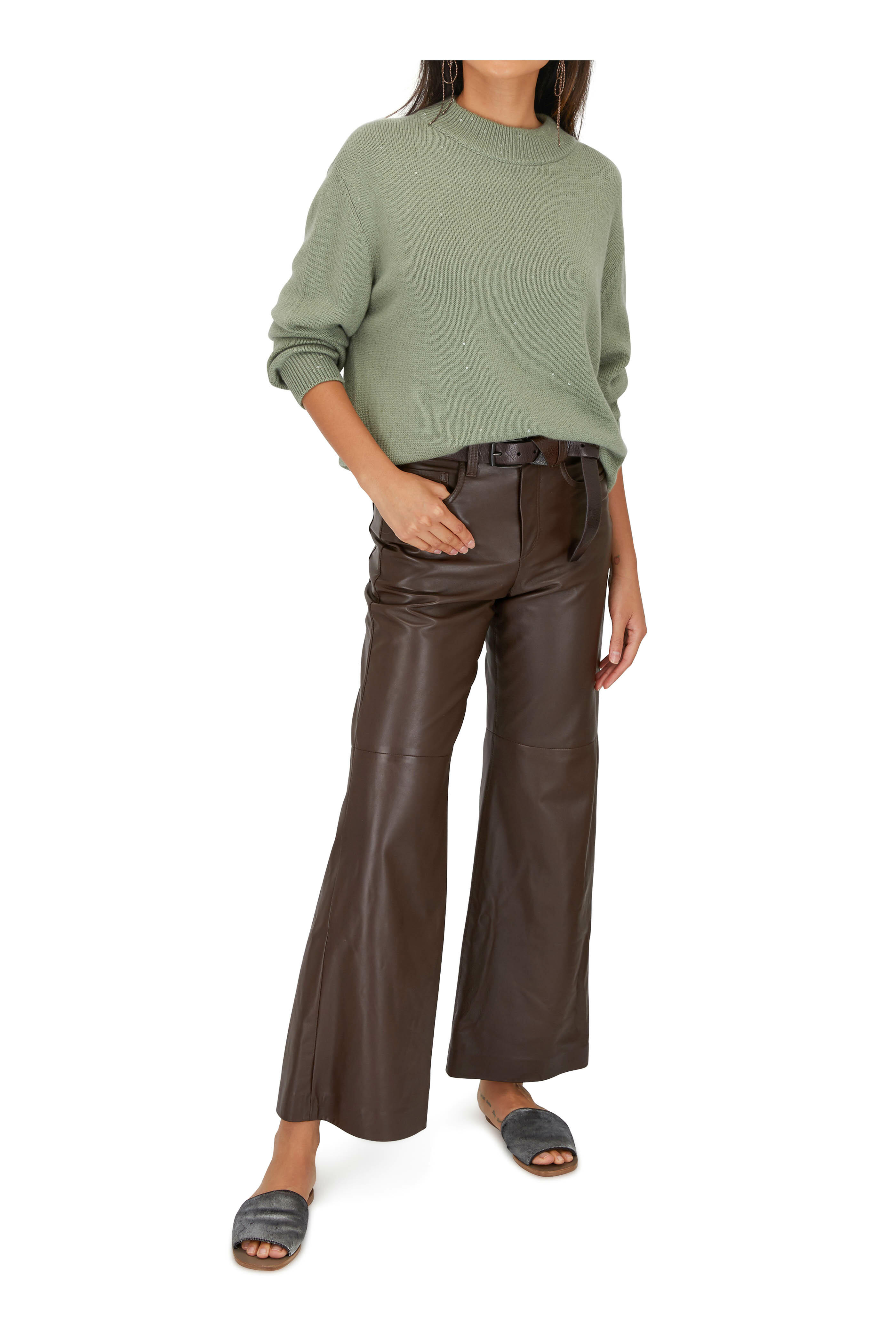 Brunello Cucinelli - Chocolate Leather Five Pocket Wide Leg Pant