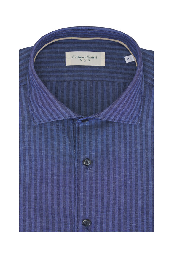 Tintoria Navy Tonal Stripe Seersucker Sport Shirt