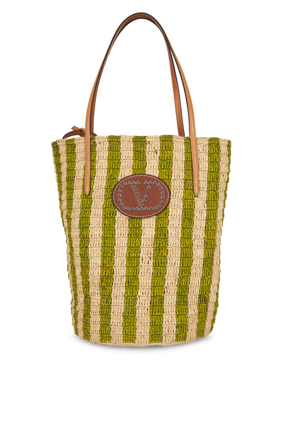 Valentino Garavani VLogo Green & Natural Stripe Raffia Tote
