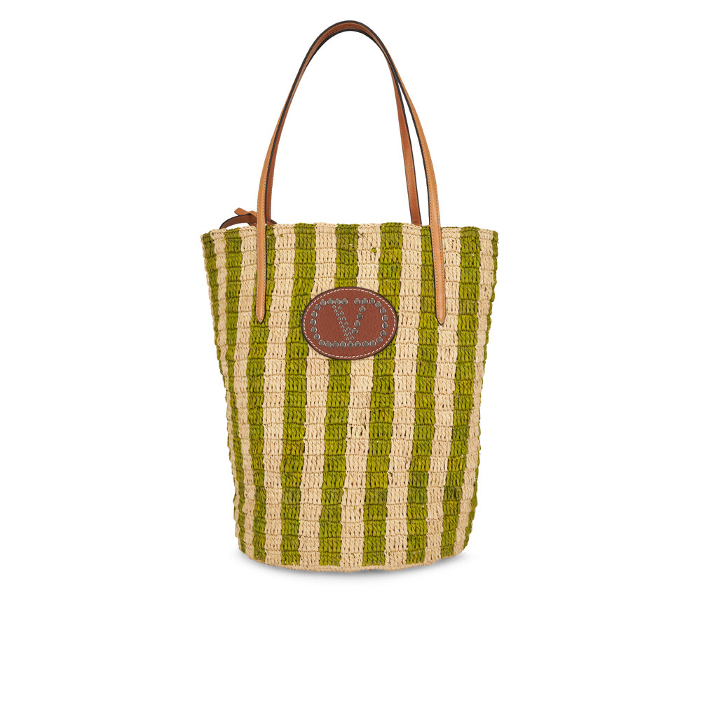Valentino Garavani - VLogo Green & Natural Stripe Raffia Tote