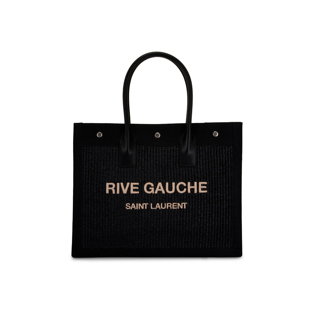 Saint Laurent Small Rive Gauche Raffia Tote Bag Black/White