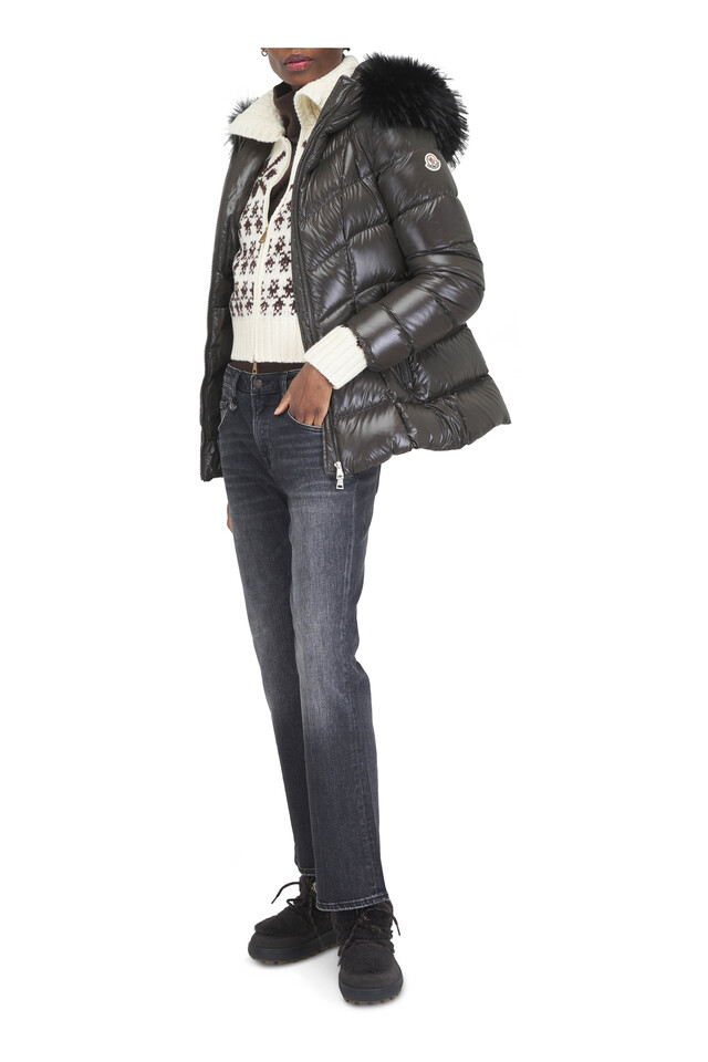 Designer outfit featuring Fulmar Charcoal Gray Short Down Jacket, Nordic Ivory & Brown Paillette Full Zip Cardigan and 2 other pieces
