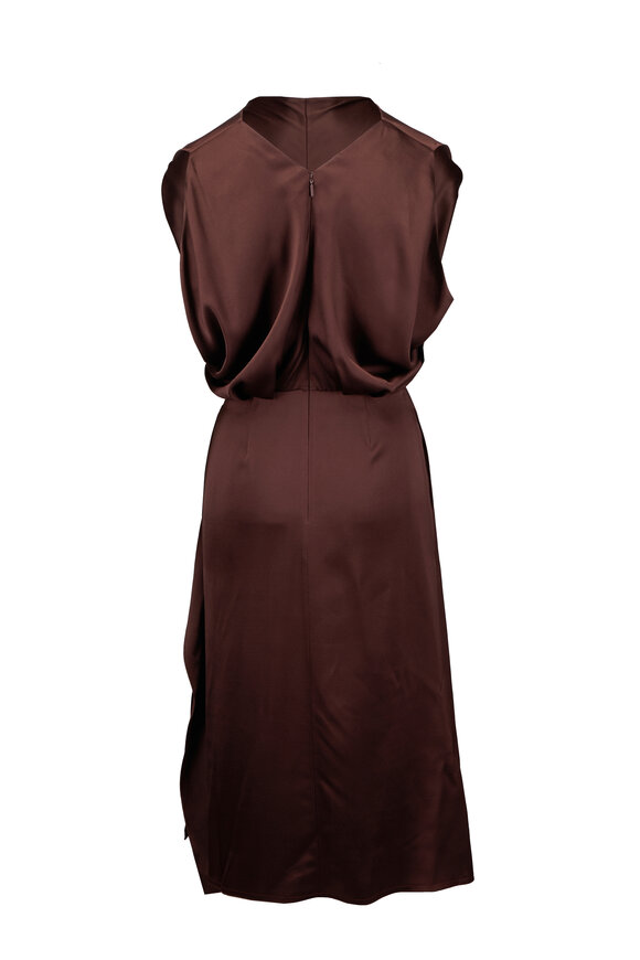 Lanvin Brown Satin Draped Midi Dress - view 2