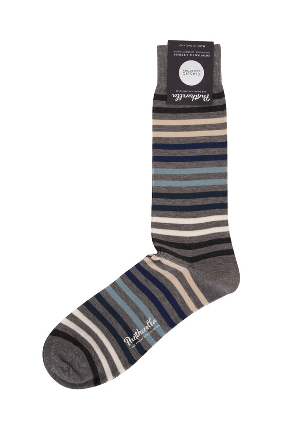 Pantherella - Kilburn Gray & Blue Multi Striped Socks