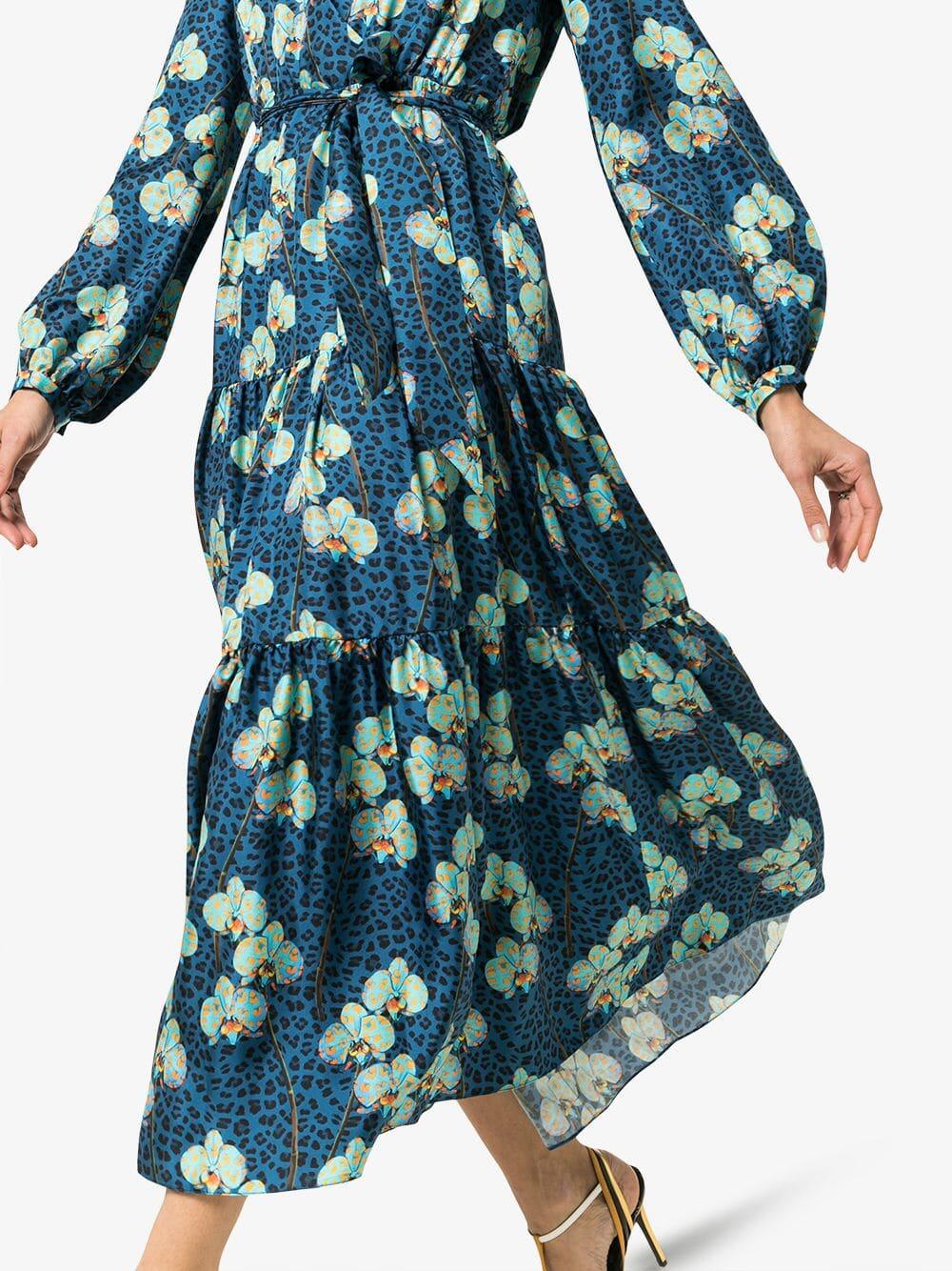 Borgo De Nor - Turquoise Silk Leopard Floral Print Maxi Dress