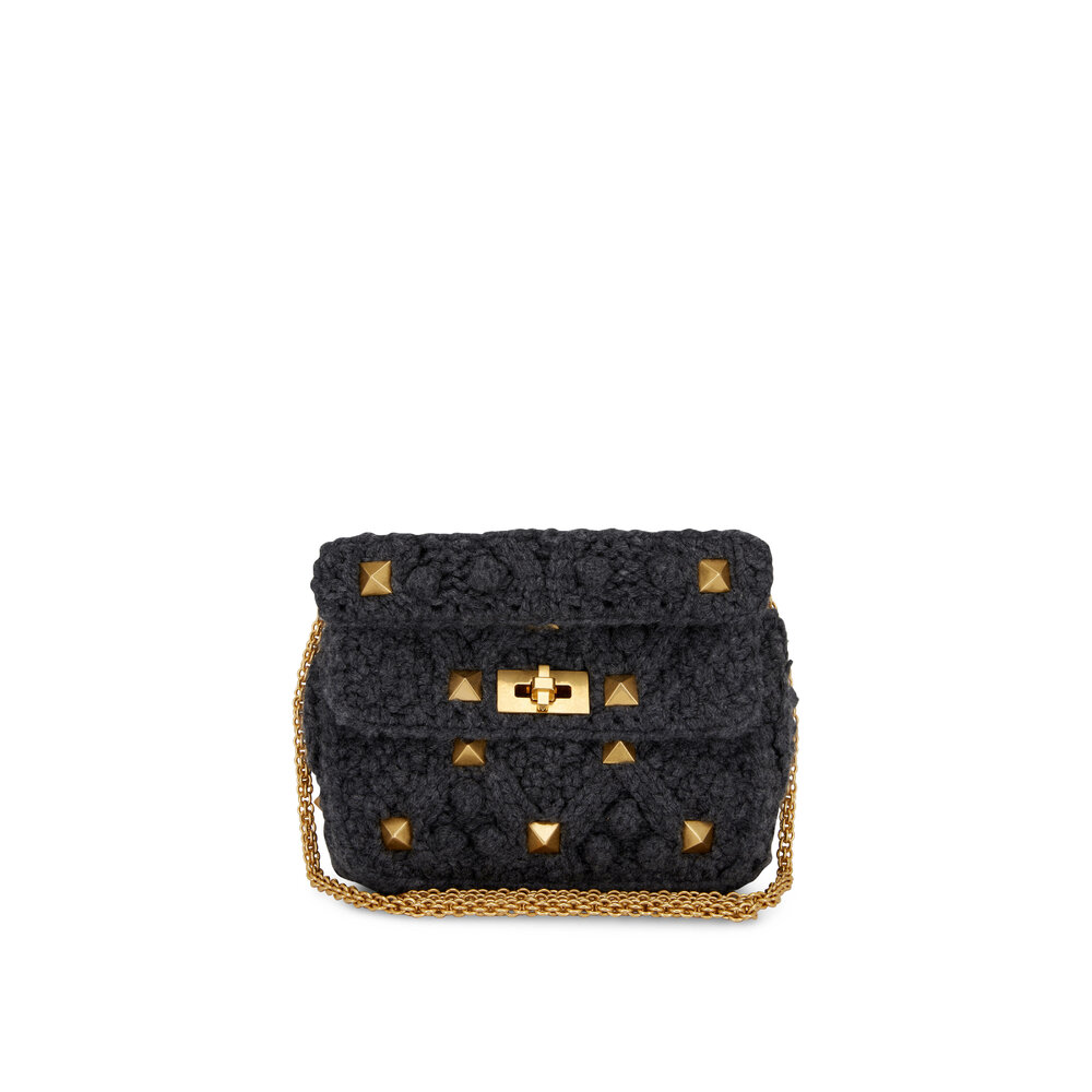 Valentino Garavani - Roman Stud Gray Crochet Medium Shoulder Bag