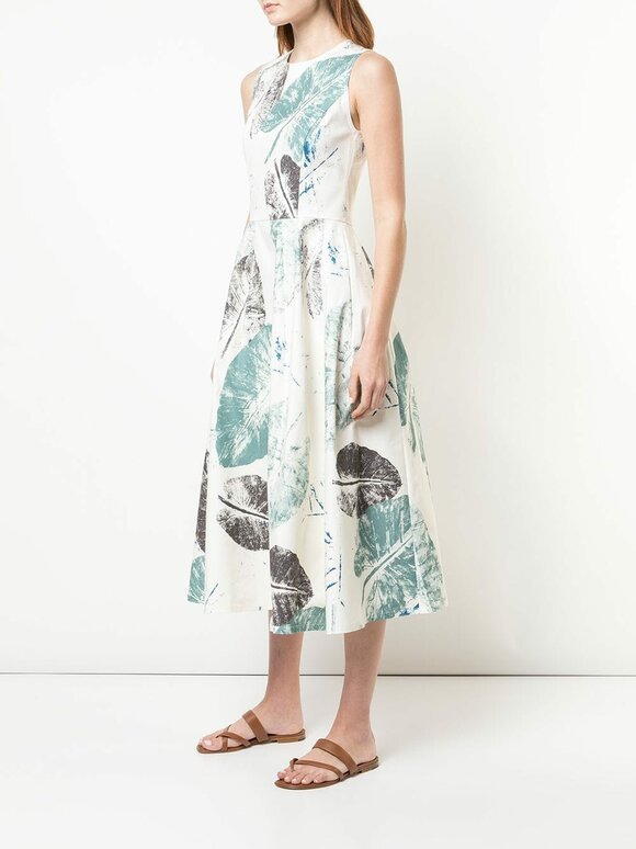 Carolina Herrera - Ivory Multi Feather Print A-Line Dress