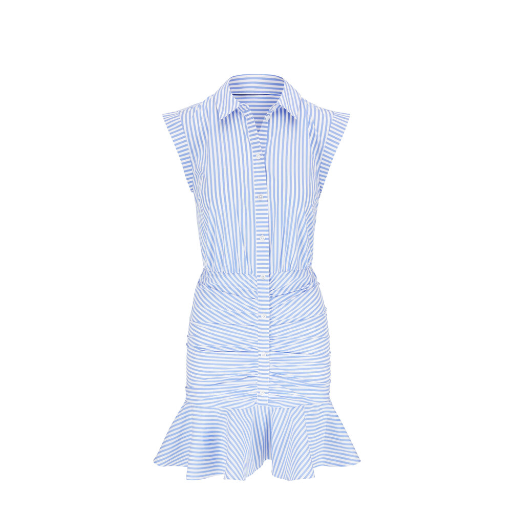 Veronica Beard - Bluebell & Ecru Flounce Hem Ruched Shirt Dress