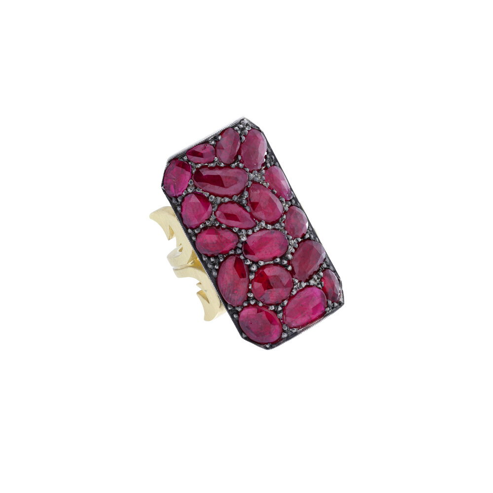 Sylva & Cie - 18K Yellow Gold & Silver Ruby Ten Table Ring