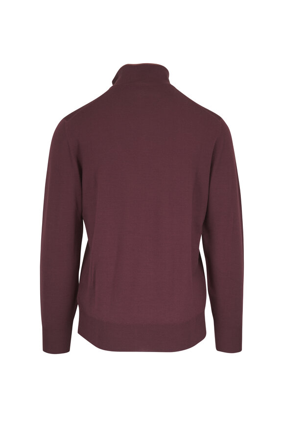 Canali Claret Tipped Mockneck Wool Quarter Zip Pullover - view 2