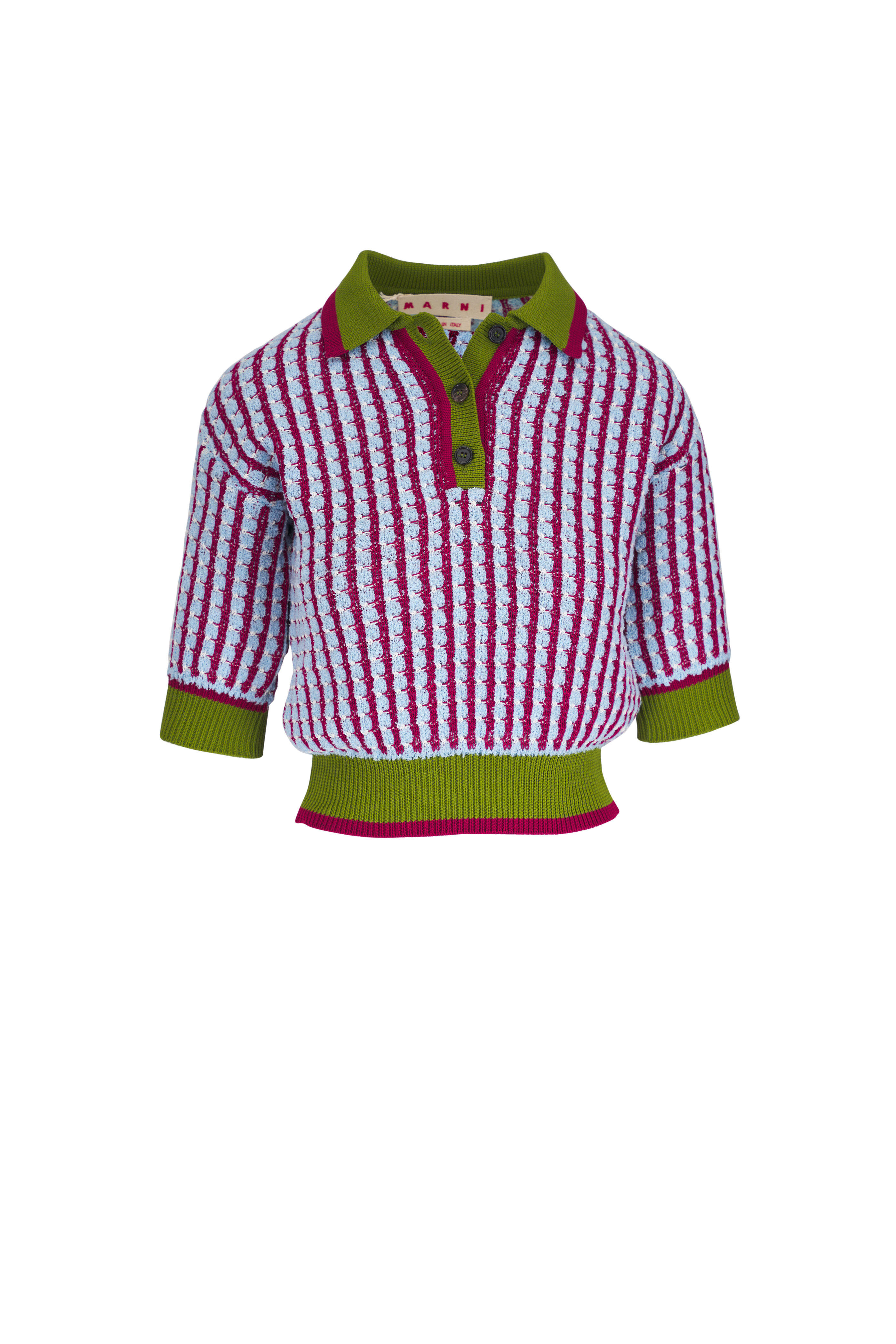 Marni - Light Blue & Red Multi Color Cotton Tweed Polo