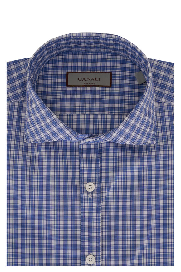 Canali - Gingham Checkered Blue & White Cotton Sport Shirt